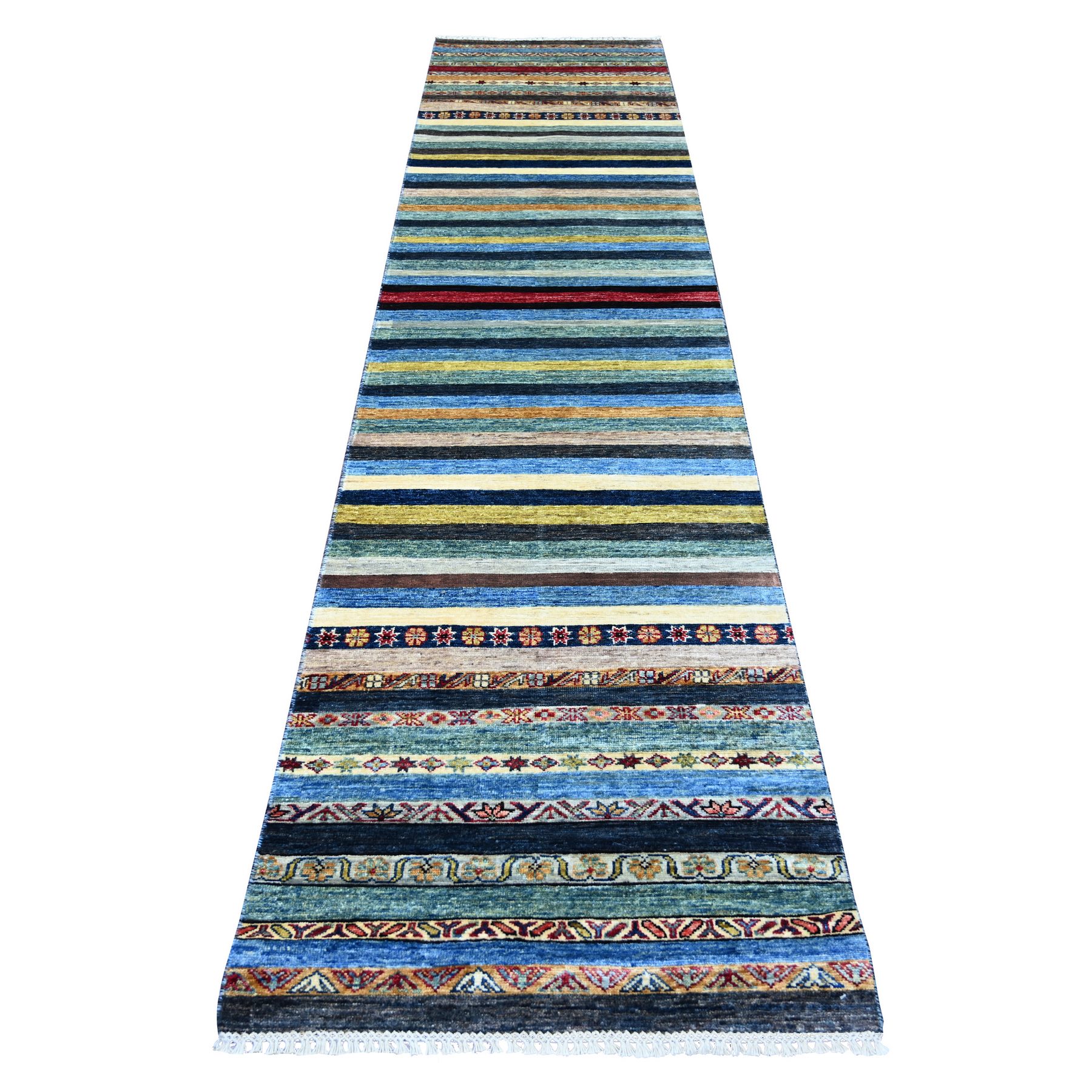 Shades of Blue, Afghan Super Kazak with Khorjin Design, Hand Knotted, Pure Wool, Vegetable Dyes, Runner, Oriental Rug